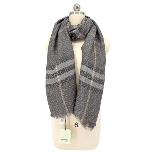 BURBERRY TB Giant Check Gauze Wool & Silk Scarf in Charcoal - Picture 4 of 10